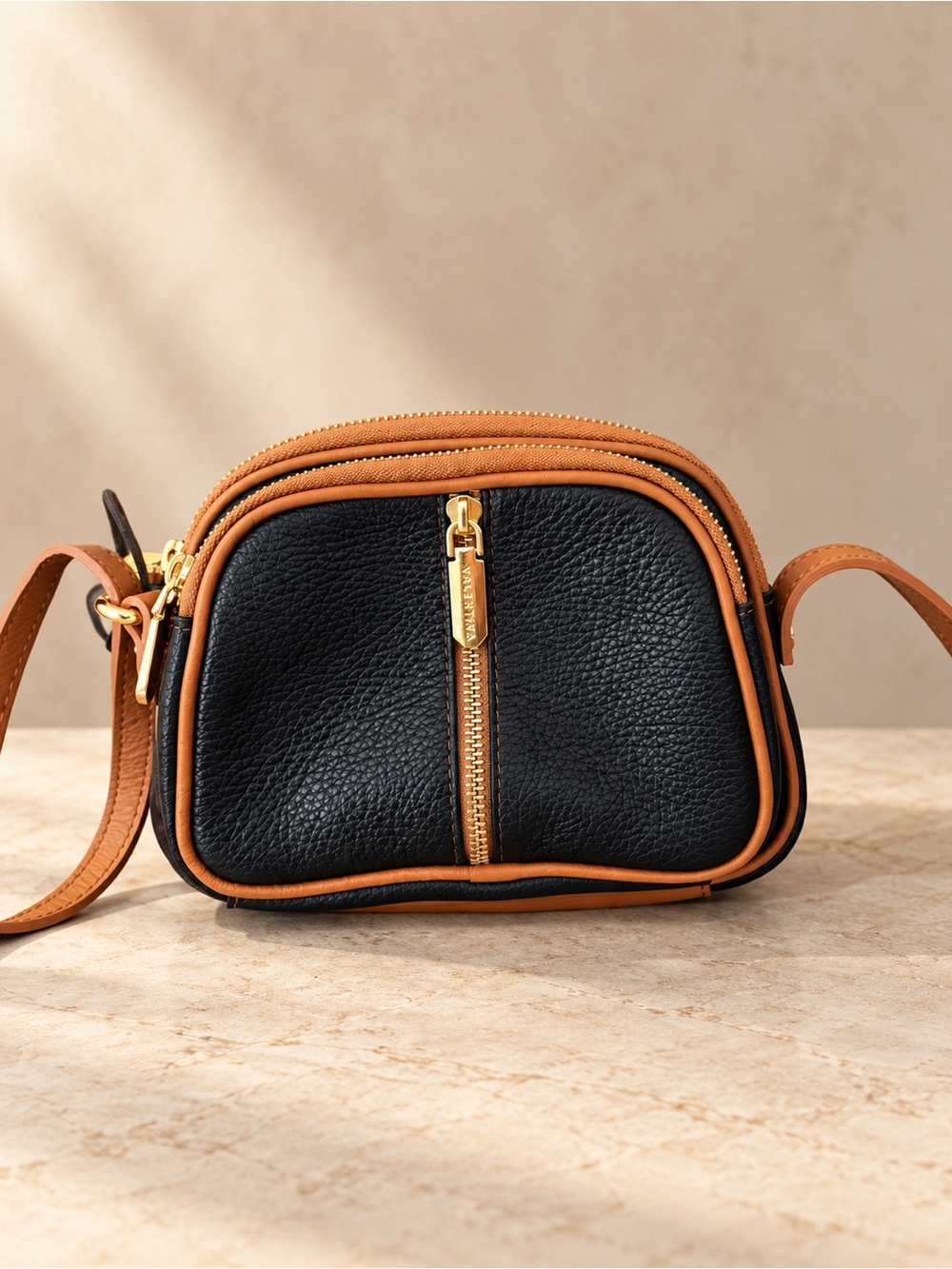 NEW Valentina Italian Leather Crossbody Bag – Made in Italy – Black & Cognac